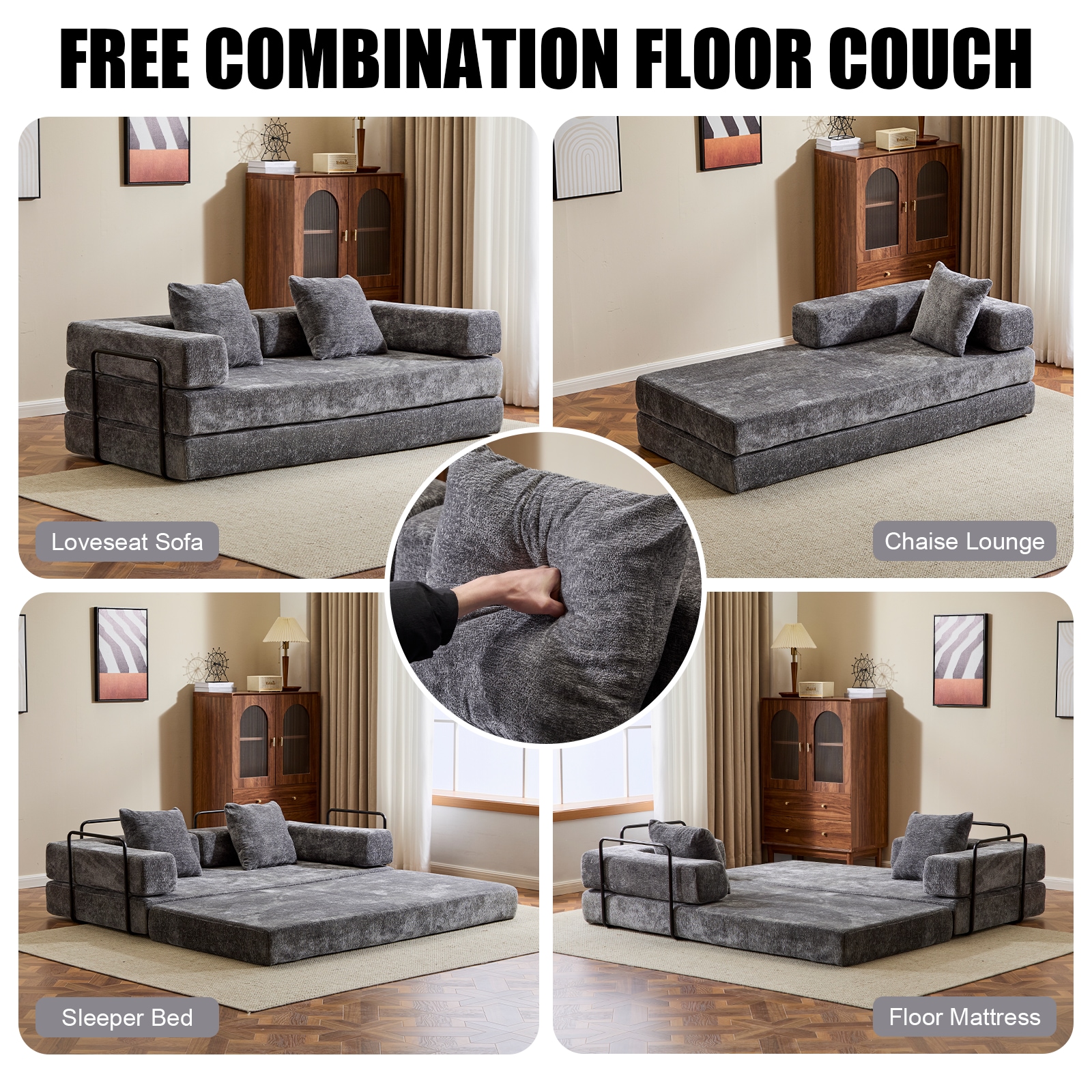 Floor Couch,Compression Sofa,Convertible Floor Sofa Bed-with Pillow Back Support Armrest,Comfy Futon Couch Lounge Sleeper Bed (DARK-GREY)_voghion.com
